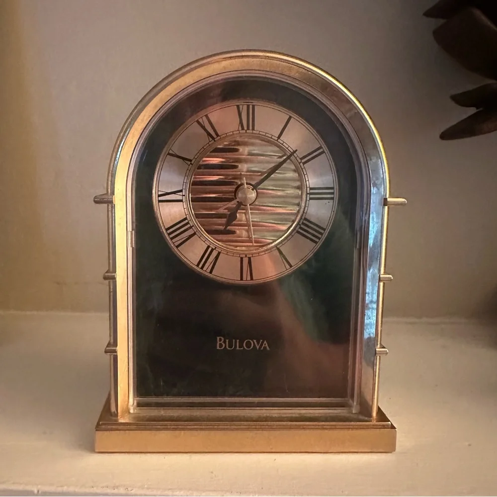 Vintage Bulova Marbled Emerald Green & Gold Arch Desk Clock - 5” Tall, Alarm